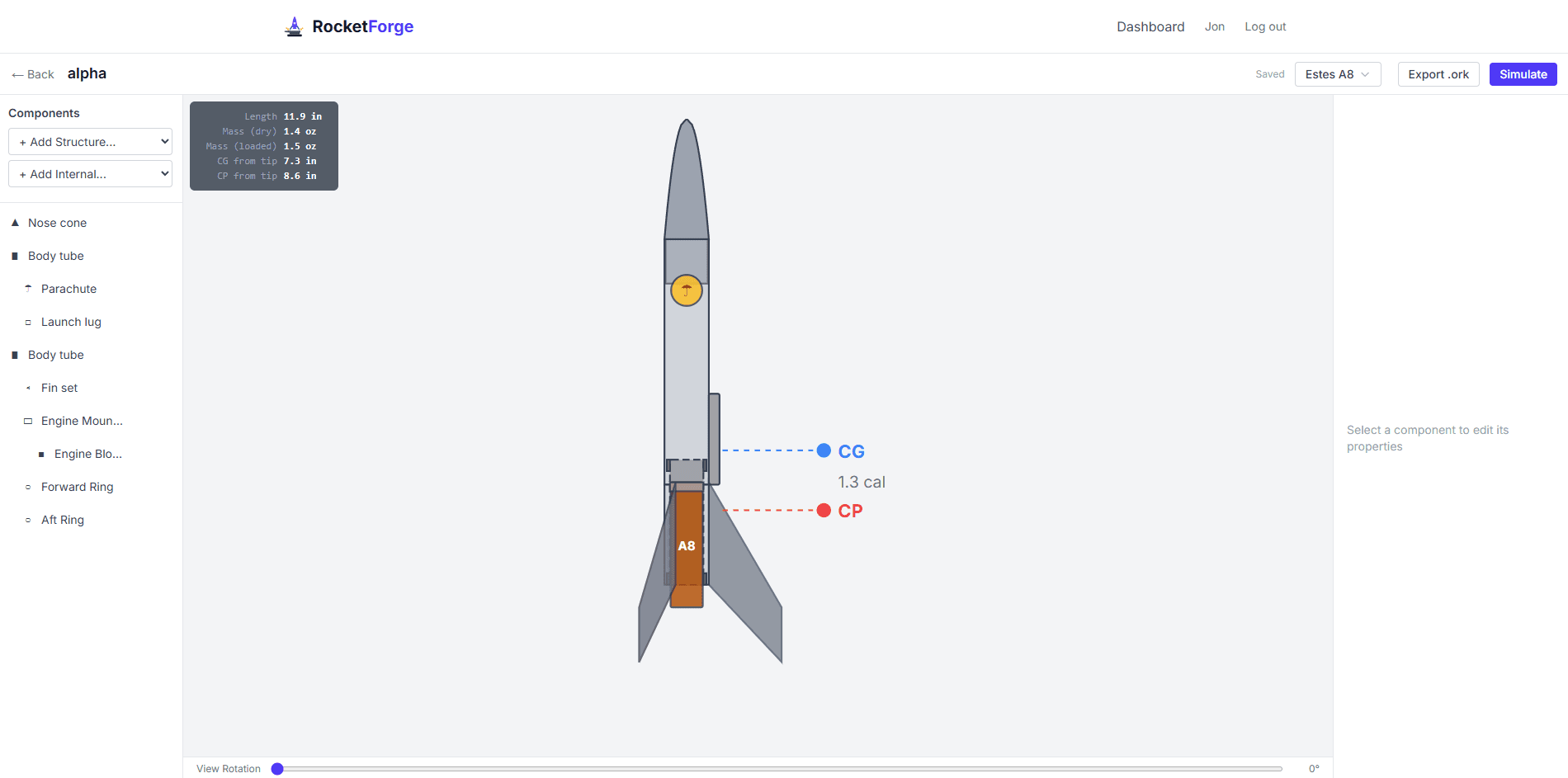 RocketForge visual rocket editor with SVG preview