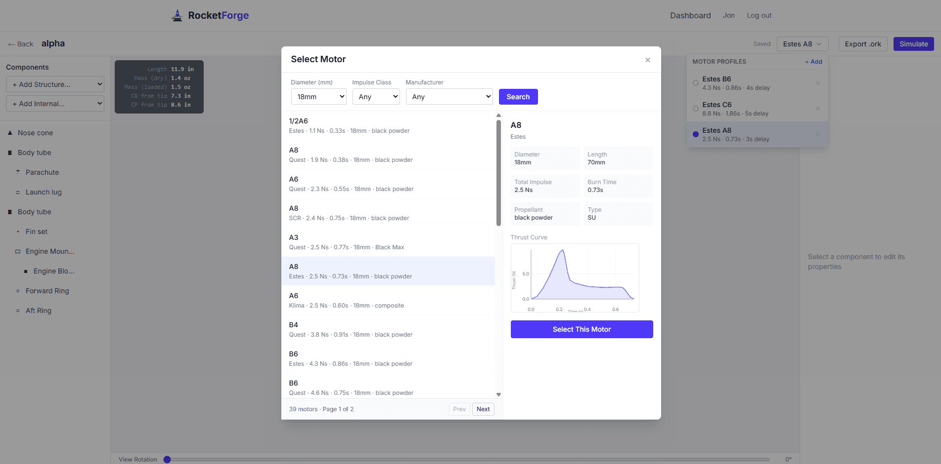 Motor search with thrust curve chart