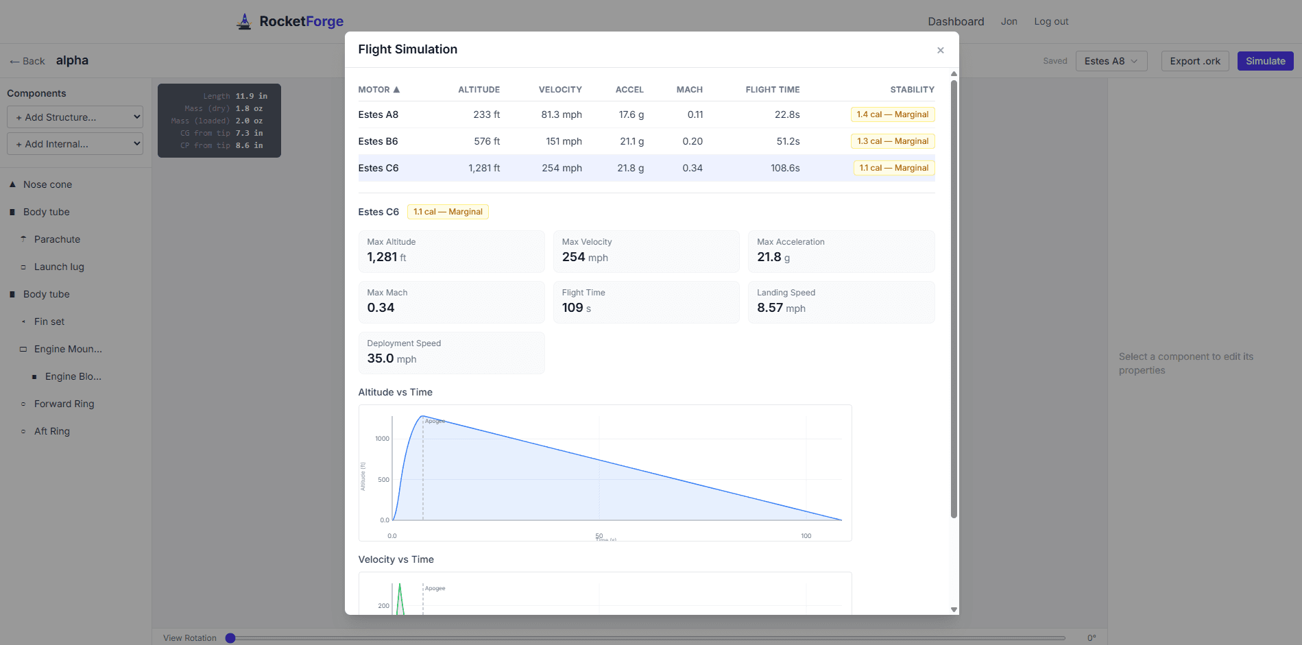 Batch simulation results with altitude chart