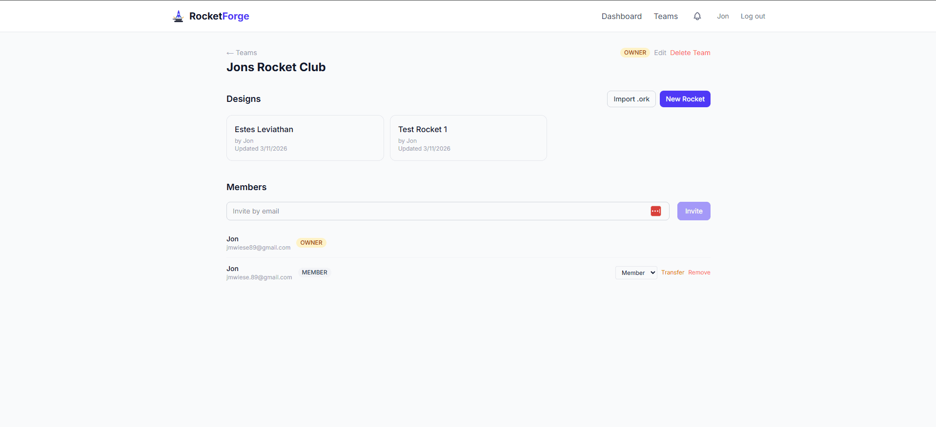 Team workspace with shared designs and member management
